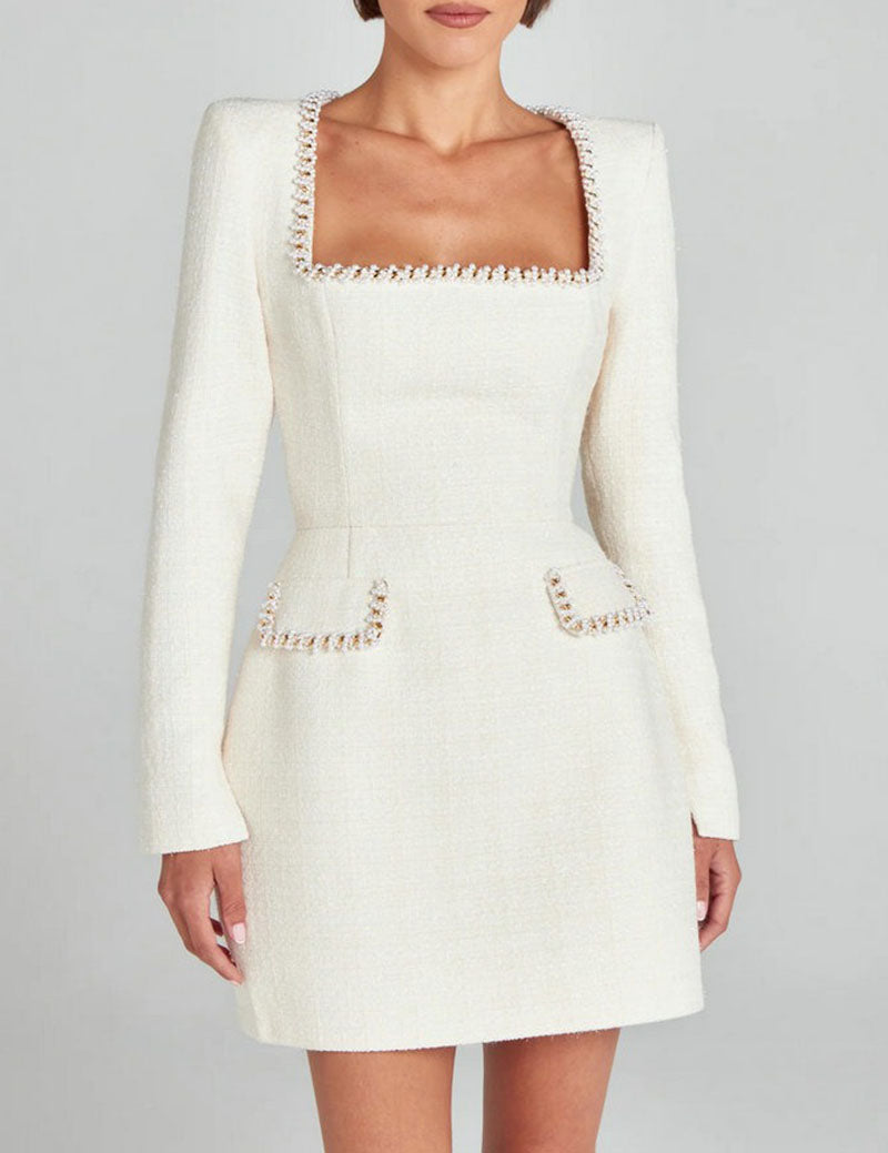 U-Neck Elegant Pearl Tweed Mini Dress