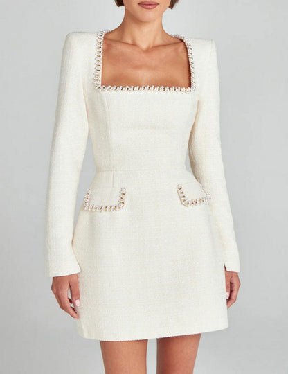 U-Neck Elegant Pearl Tweed Mini Dress