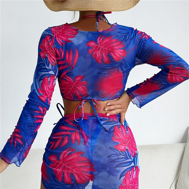 Split 4-Piece Long Sleeve Printed Tie-Up Bikini Swimsuit