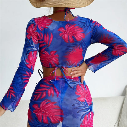 Split 4-Piece Long Sleeve Printed Tie-Up Bikini Swimsuit