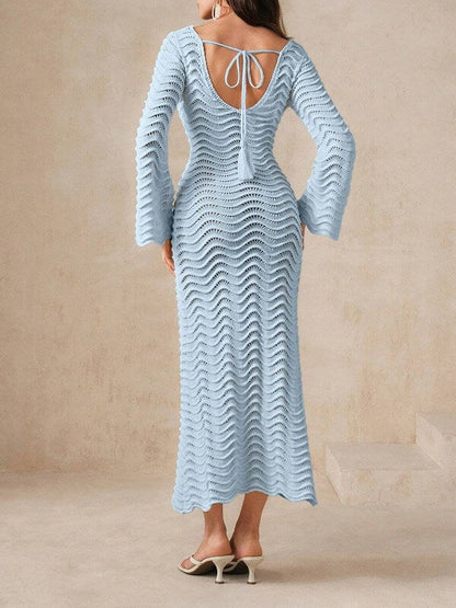 Hollow Out Solid Color Knit Dress Cover Up