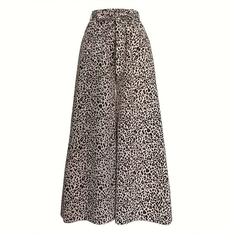 Stretch Waist Leopard Print Flare Pants Bow Tie