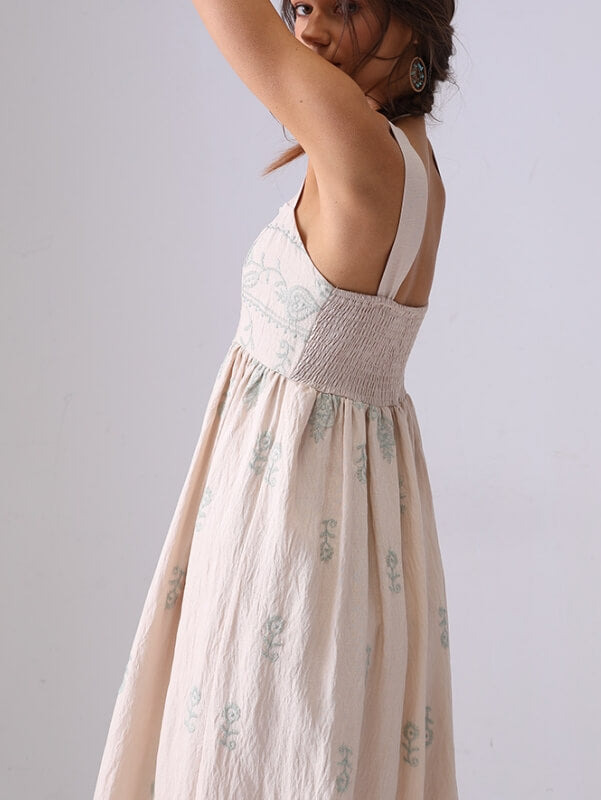 Floral Embroidered Backless Strap Maxi Dresses