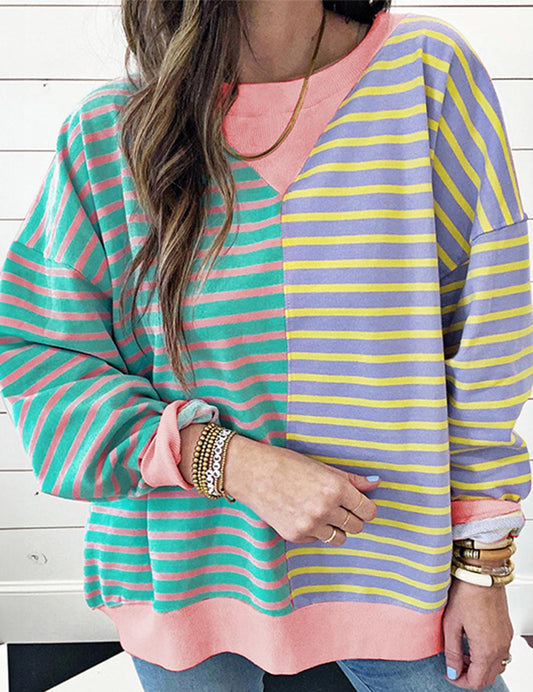 Striped Color Block Casual Pullover Sweatshirt