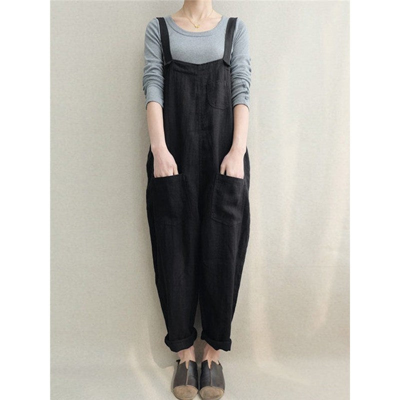 Breathable Pocket Solid Color Baggy Overalls
