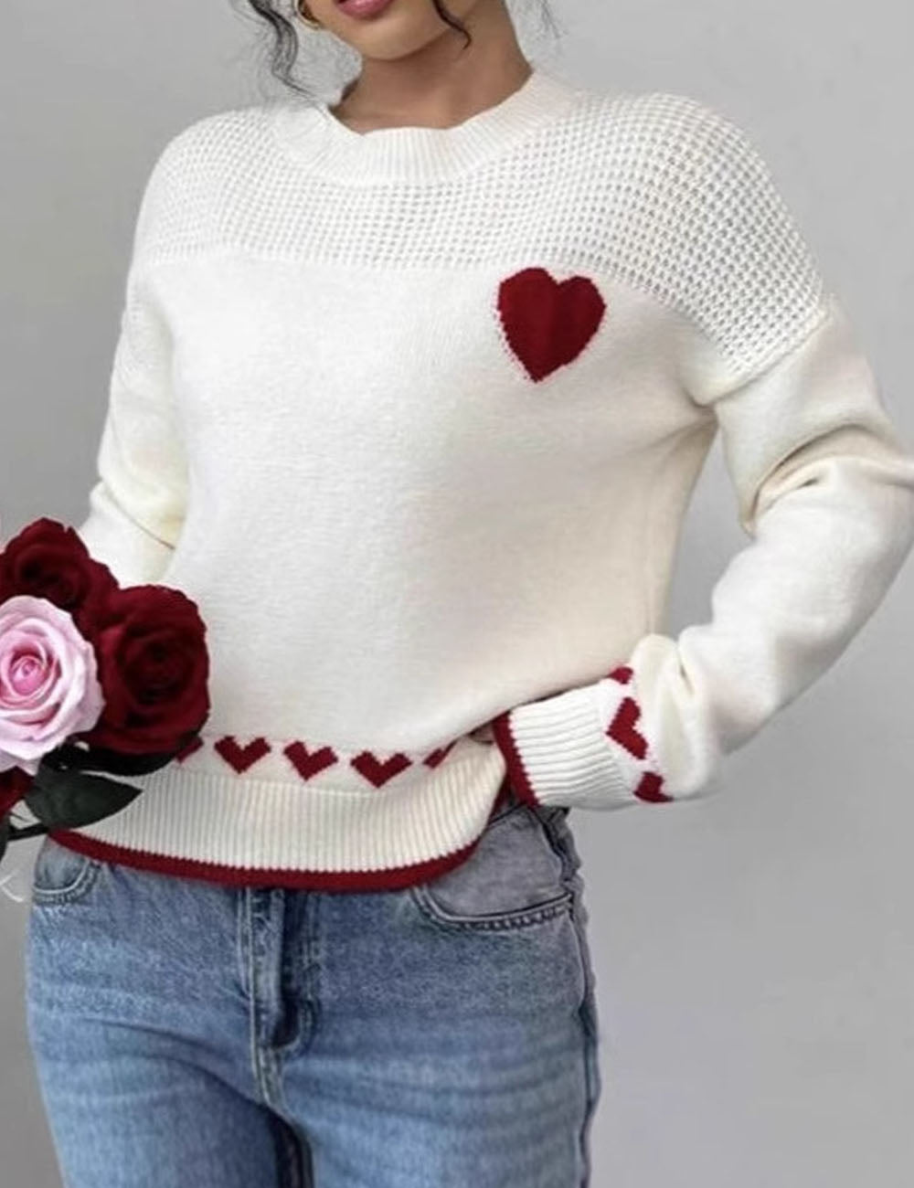 Casual Heart Crew Neck Long Sleeve Sweater