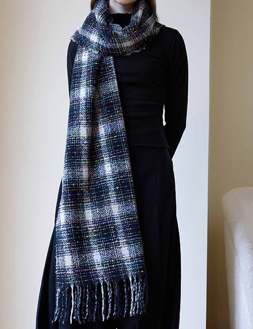 Sparkling Multi-Color Dots Plaid Fringe Scarf
