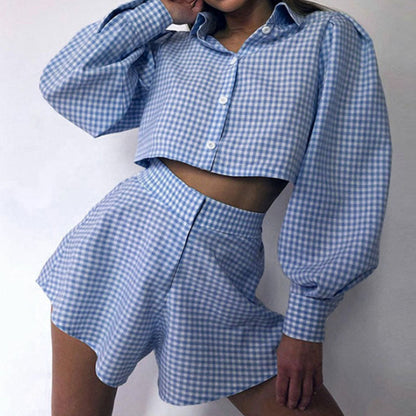Elegant Lapel Collar Plaid Shirt Shorts Sets