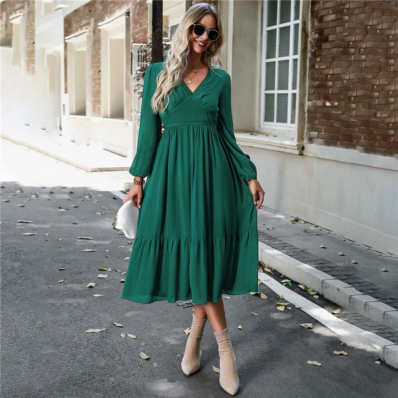 High Waist Solid Color V-Neck Dress
