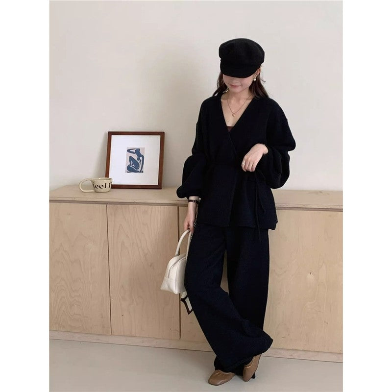 Knit Cardigan With Wide-Leg Pants Set American Retro Style Two-Piece