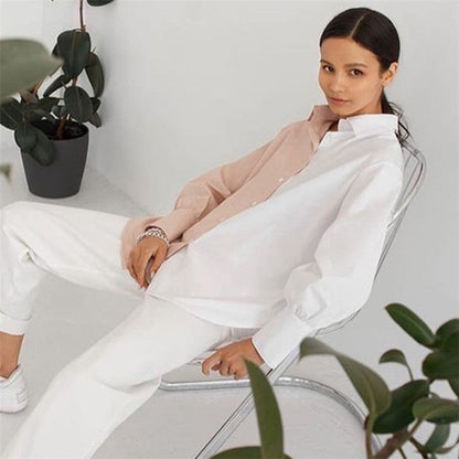 Contrast Color Lapel Long Sleeve Single Breasted Blouse