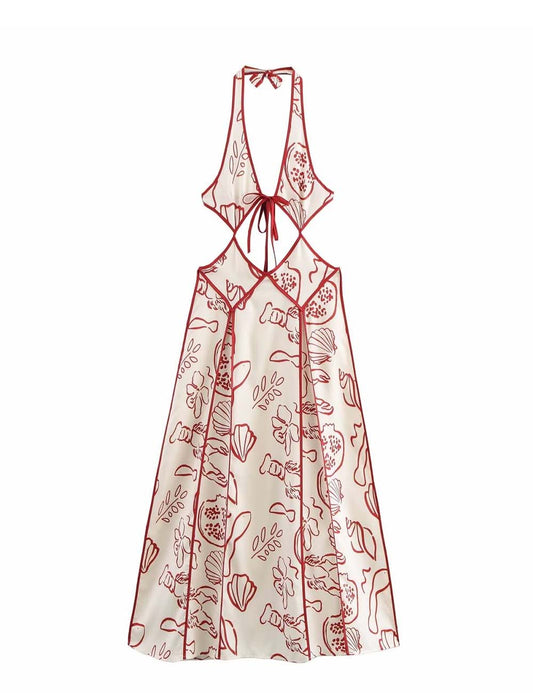 Sexy Halter Floral Cutout Sleeveless Maxi Dress