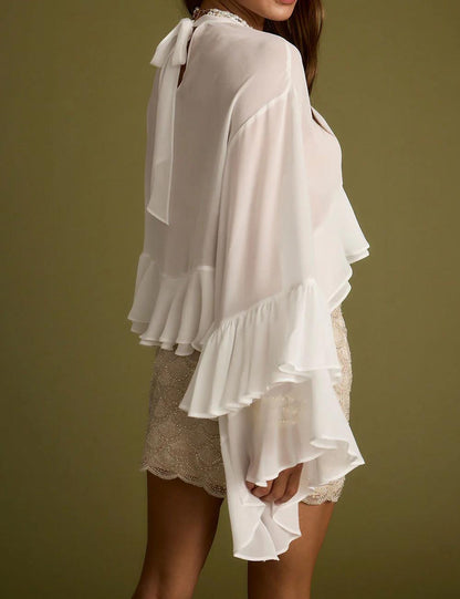 Round Neck Long Sleeve Ruffle Chiffon Shirt