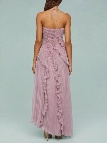 Flounce Pleated Halter Irregular Midi Dress