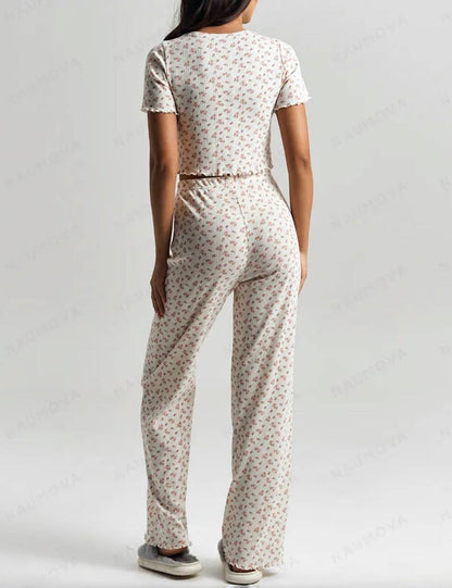 Floral Print Ruffle Top Pants Loungewear Set