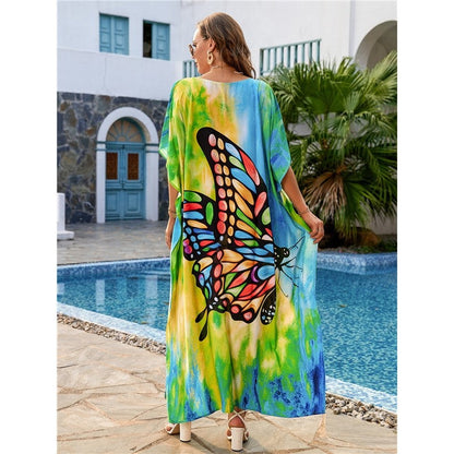 Contrast Color Butterfly Printing V-Neck Short Sleeve Long Beach Dress Bikini Cover-Up