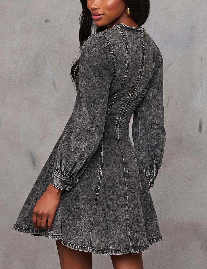 Splicing Washed Long Sleeves Denim Mini Dress