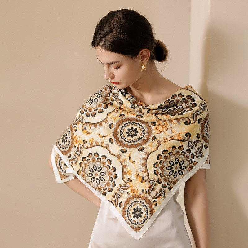 Floral Print Square Silk Imitation Scarf
