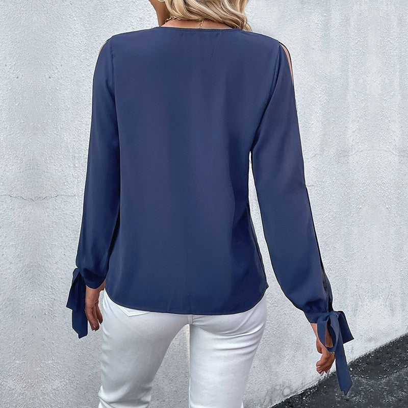 Long Sleeves V-Neck Solid Color Hollow Blouse Top