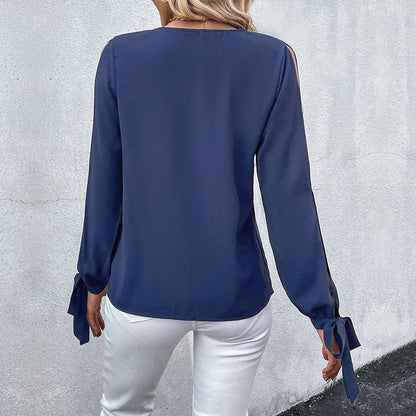 Long Sleeves V-Neck Solid Color Hollow Blouse Top