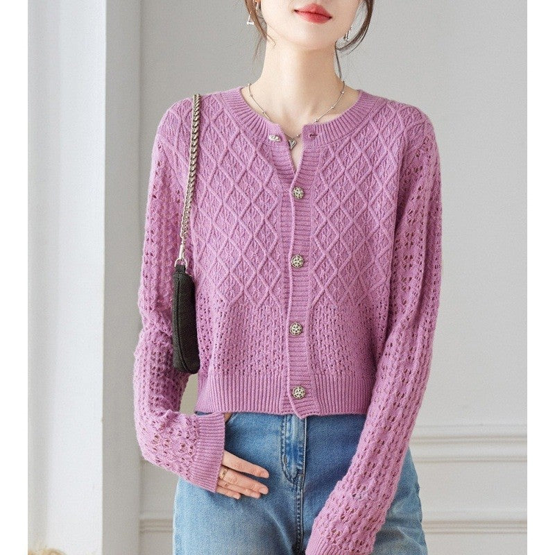 Round Neck Lace Mesh Knit Cardigan Sweater