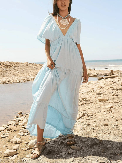 V-Neck Backless Short Sleeves Maxi Dress