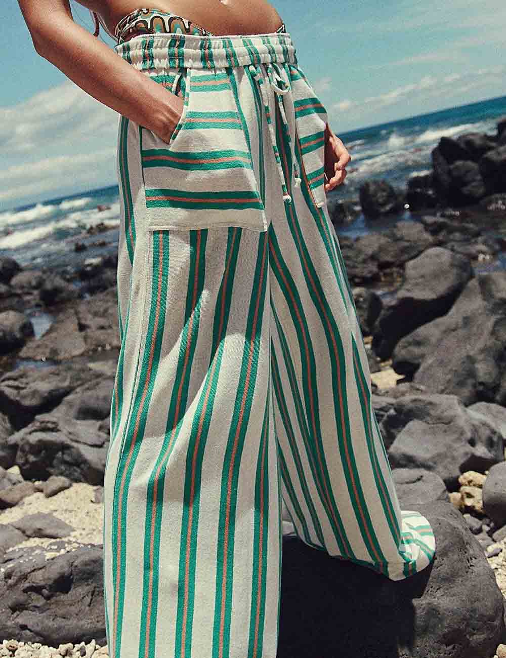 Color Block Striped Drawstring Wide-Leg Pants
