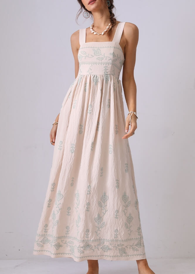 Floral Embroidered Backless Strap Maxi Dresses