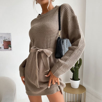 Short Lace-Up Solid Color Long-Sleeved Sweater Dress