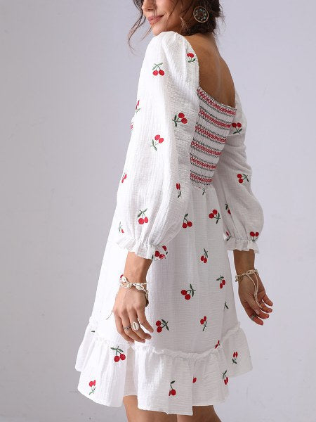 Cherry Smocking Square Collar Midi Dress