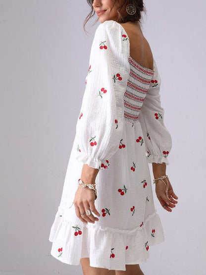 Cherry Smocking Square Collar Midi Dress