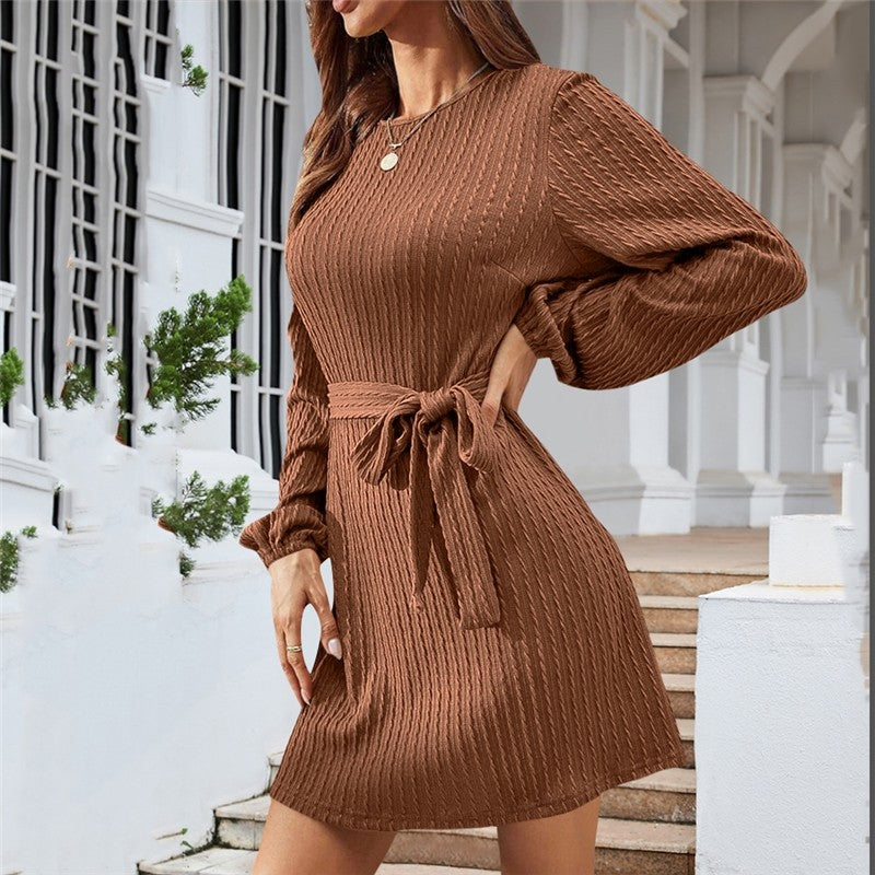 Ladies Belt Long Sleeve Twist Knit Dress Puff Sleeve Casual Dress