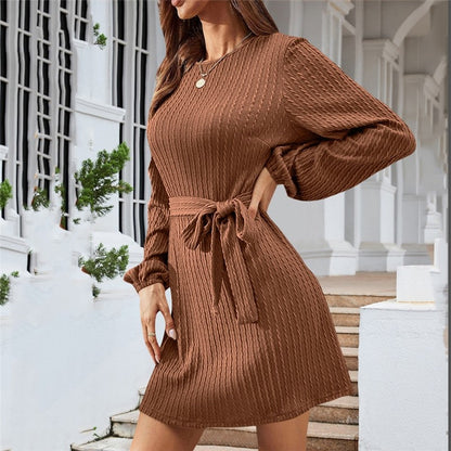 Ladies Belt Long Sleeve Twist Knit Dress Puff Sleeve Casual Dress