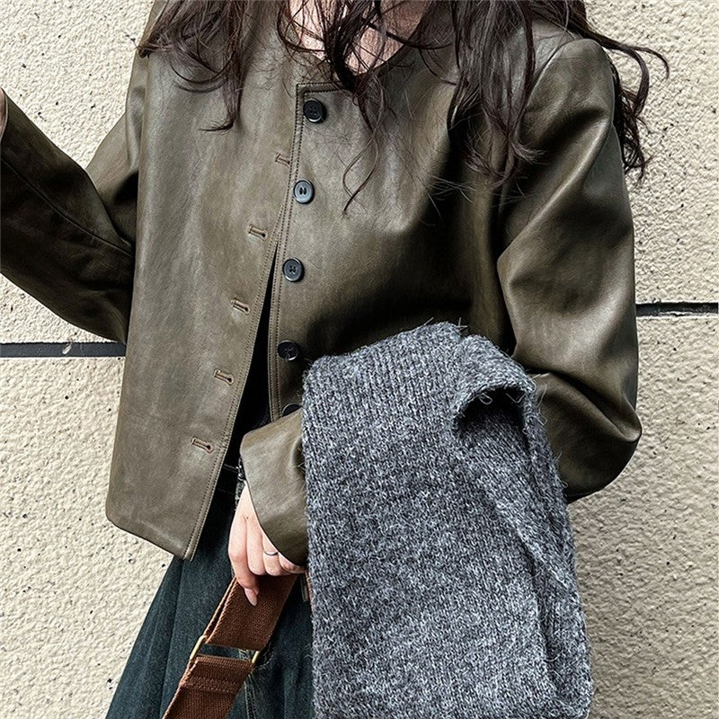 Retro Crewneck Long Sleeve Single Breasted Short PU Leather Jackets