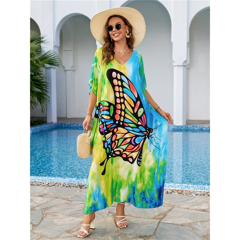 Contrast Color Butterfly Printing V-Neck Short Sleeve Long Beach Dress Bikini Cover-Up