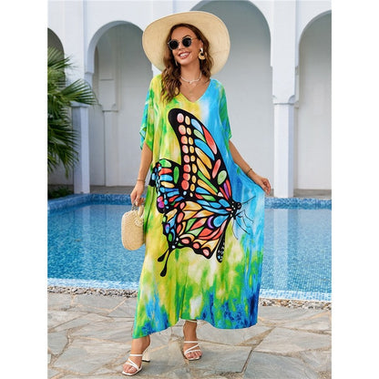 Contrast Color Butterfly Printing V-Neck Short Sleeve Long Beach Dress Bikini Cover-Up