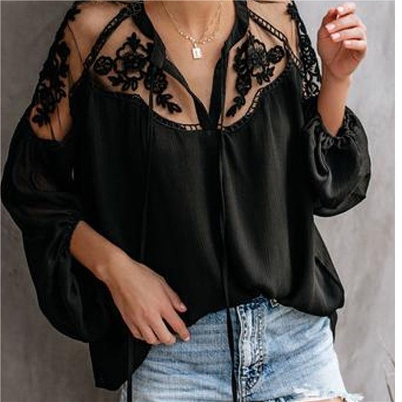 Loose Plain Hollow Long Sleeve Chiffon Blouse