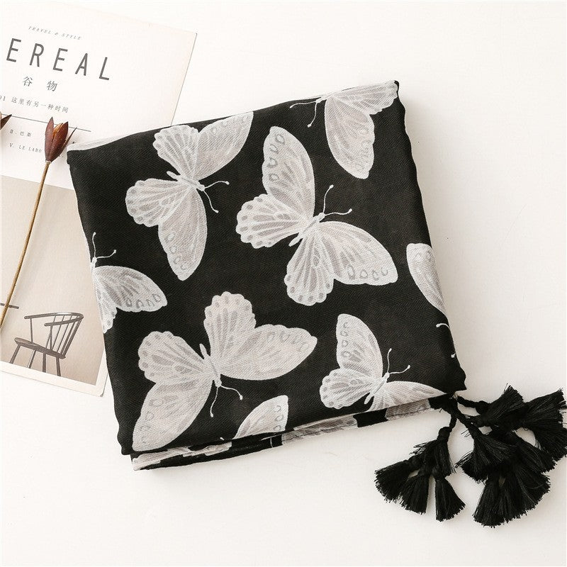 Black Butterfly Print Cotton Linen Scarf