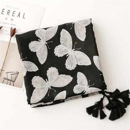 Black Butterfly Print Cotton Linen Scarf