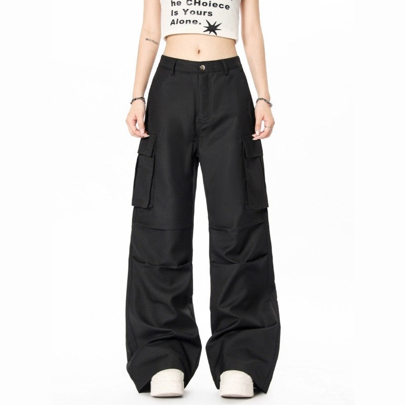 Multi-Pocket Pleated Flare Trousers Unisex Utility Style