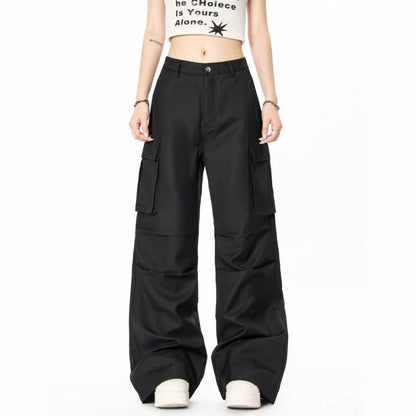 Multi-Pocket Pleated Flare Trousers Unisex Utility Style