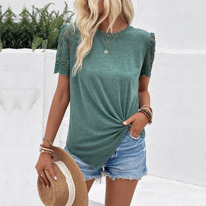 Short-Sleeve Round-Neck Solid Color Blouse