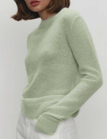 Simple Sheer Round Neck Long Sleeve Knit Top