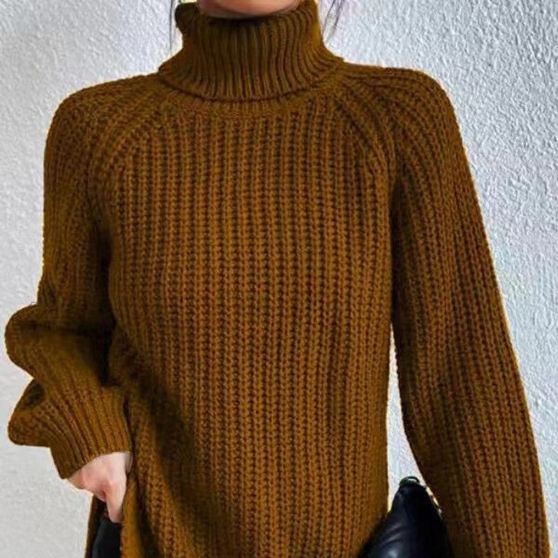 High Collar Raglan Sleeve Sweater Mid-Length Slit Hem Sweater
