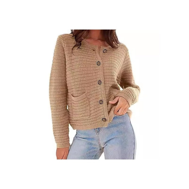 Plain Round Neck Knit Cardigan