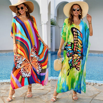 Contrast Color Butterfly Printing V-Neck Short Sleeve Long Beach Dress Bikini Cover-Up