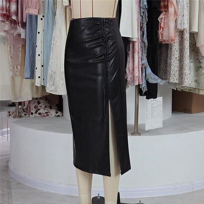 Pleated Tie-Waist High-Waist A-Line Slit Skirt