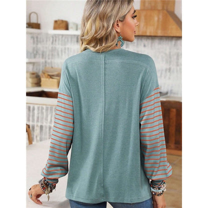 Round Neck Casual Striped Contrast Long-Sleeved T-Shirt