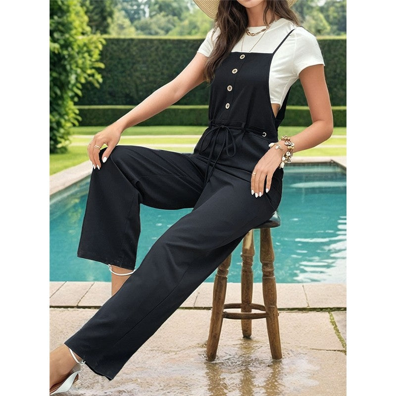 Black Lace-Up Waist Button Suspender Jumpsuit