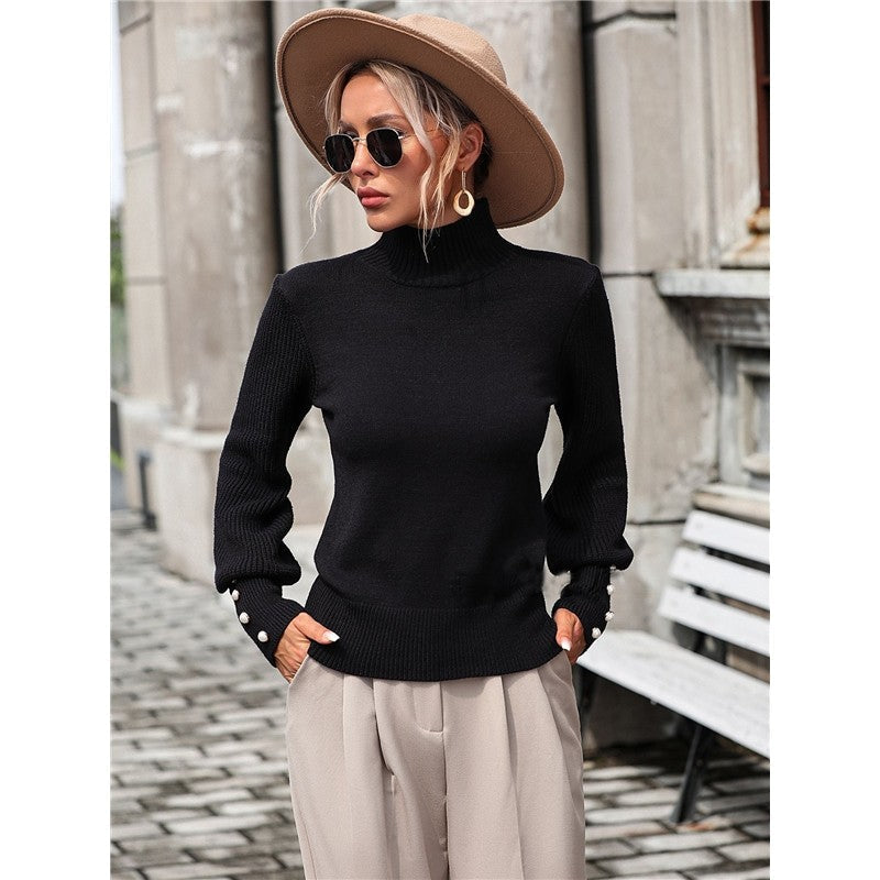 Solid Color Long Sleeve High Neck Casual Loose Pullover Knitted Sweater